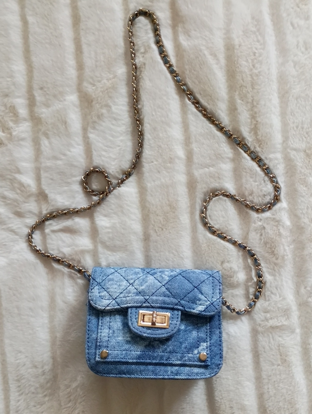 Quilted Blue Denim Crossbody Bag with Gold Chain